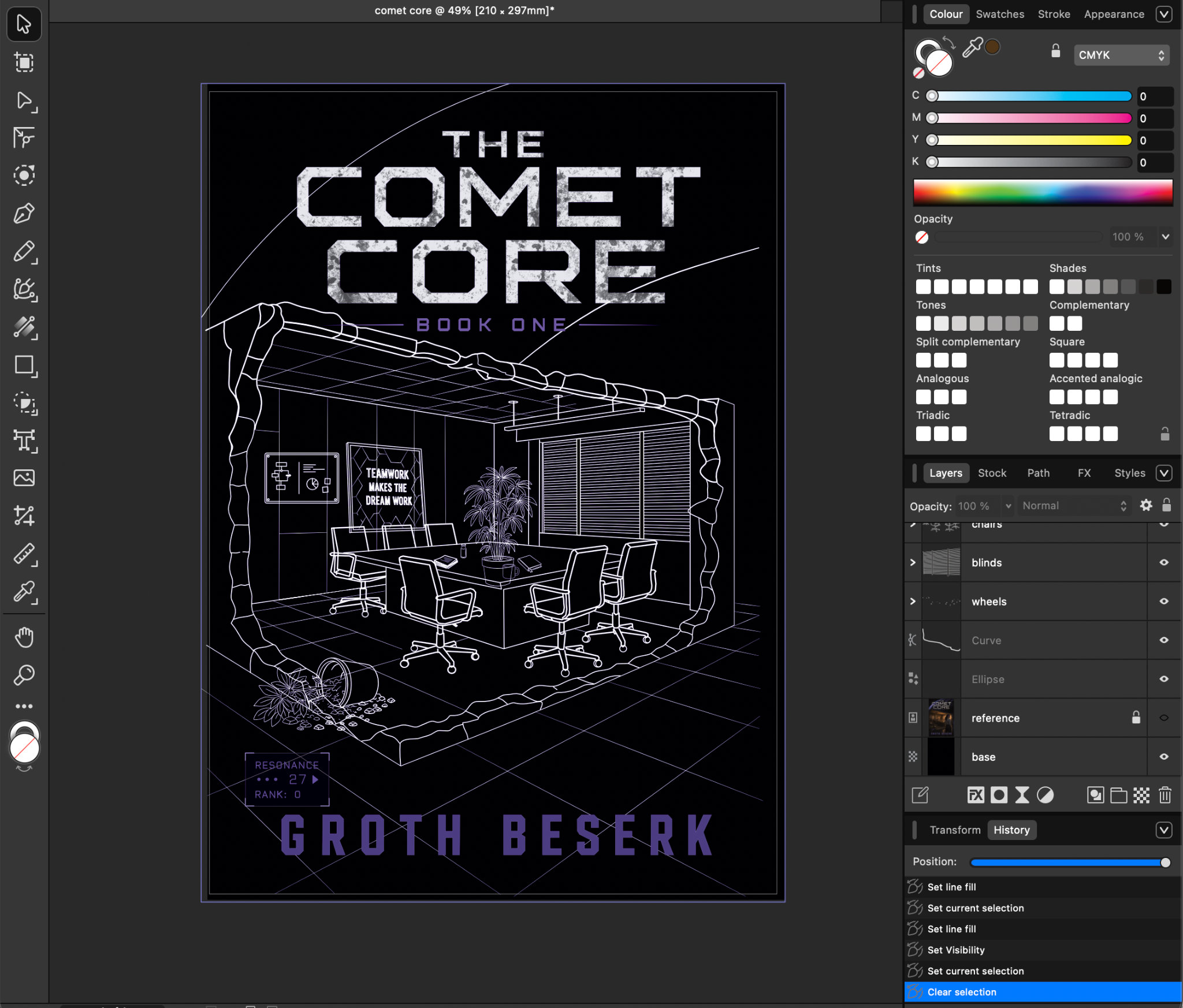 Comet Core line art and scene construction